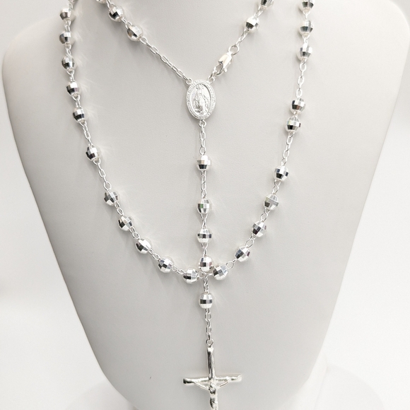925 Sterling Silver Rosary Necklace 5.8mm 26 Inches